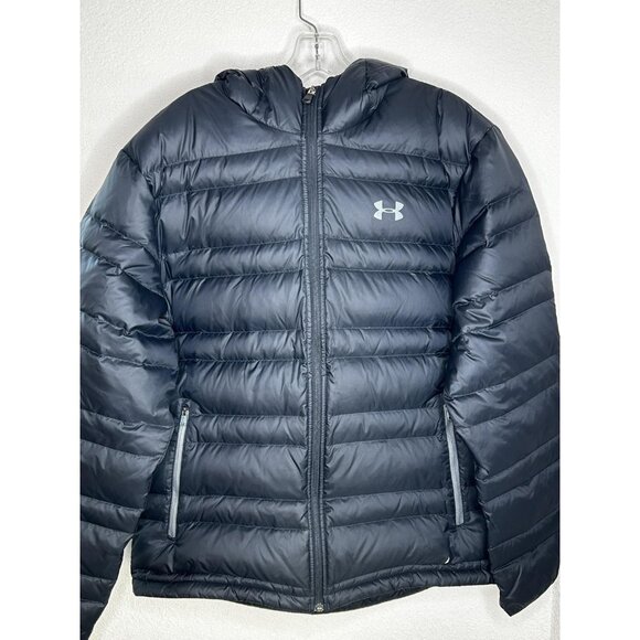 Under Armour Jacket Mens Large Black ColdGear Hooded Puffer Down Quilted Winter - Picture 1 of 15